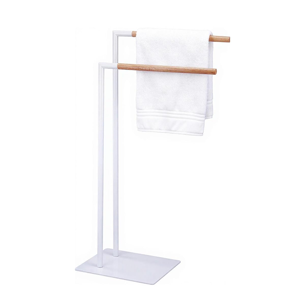 Amig - Weißer freistehender Handtuchhalter mit Holzstangen - Doppelständer für Badetücher - Minimalistischer Stil mit stabilem Metallfuß - Kein Bohren erforderlich