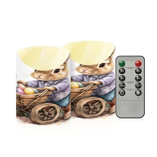 ALAZA Rabbit Cart Egg Flickering Flameless Candles Battery Operated with Remote Timer,Tea Light Candles LED Pillar Votive Set of 2 for Outdoor Indoor Decorations 3" x3.9"
