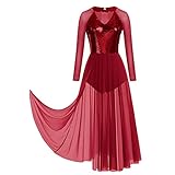 ODASDO Women Lyrical Dance Costume Adult Morden Contemporary Ballroom Dancewear Glitter Sequin Long Sleeve Mesh Tulle Flowy Maxi Long Dress Ballet Leotard Outfit Ball Gowns Dark Red XS