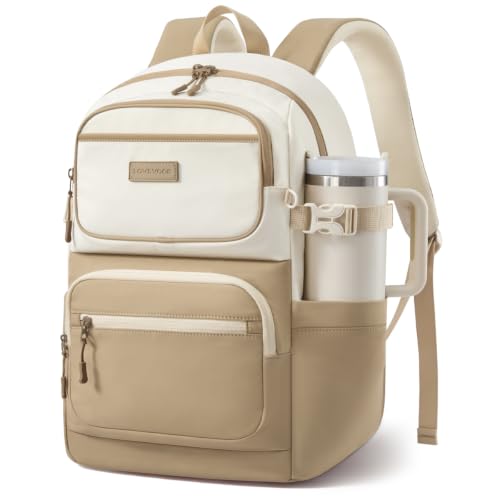 LOVEVOOK School Backpack for Teen Girls & College Students Large Capacity Laptop Backpack with Water Bottle Holder Lightweight Bookbag for School Travel & Everyday Use Beige-Khaki