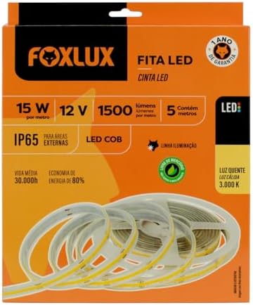 Fita LED Foxlux COB IP65 5m 15W 3000K 12V – Iluminação Contínua, ...