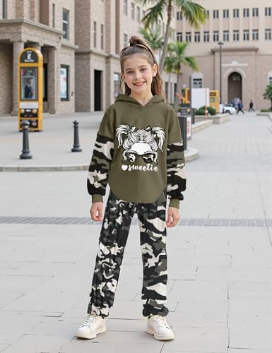 Image of Girls Fall Outfits Sweetie-girl Hoodie and Camo Pants Size 6-16 | Curved Hem Design,Skin-friendly Cotton Blend,for Daily School Playdates,Fall&Winter,Easy On & Off Pullover