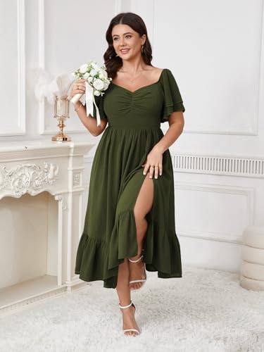 Image of SCOMCHIC Womens Plus Size Wedding Guest Cocktail Dresses Sweetheart Neckline Short Sleeve Smocked Ruffle Slit Maxi Dress