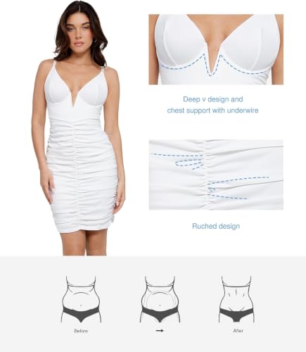 Image of Popilush Corset Midi Dress for Women, Built-in Bra Shapewear Ruched Dress