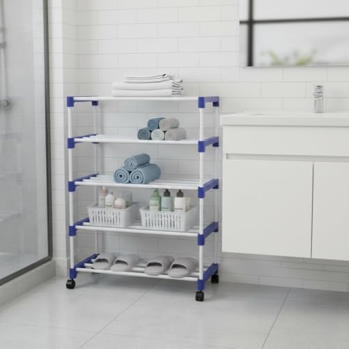 Image of CIPLA PLAST Shoe Rack for Home | Floor Standing Shoes Shelf | 5 Layer Plastic Foldable Shoe Stand, Shoe Organiser for Home & Office White and Blue, Portable Storage Organizer