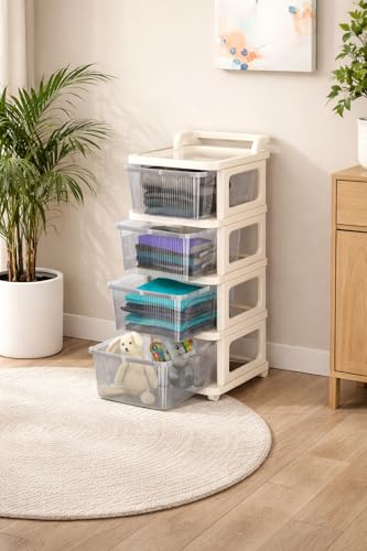 Image of KITCHIVO Heavy Duty Plastic Storage Drawer with Wheels | Modular Cabinet for Bedroom, Office, Home or Classroom| Chest of Drawers Organiser for Cosmetics, Kitchen items, Toys (White, 4)