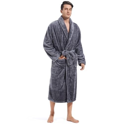 Inner Wish Mens Plush Fleece Robe, Cozy Warm Bathrobe Fuzzy Male Spa Long Robe With Pockets (DARK GREY)