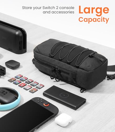TIMOVO Sling Crossbody Bag for Nintendo Switch 2/Rog Xbox Ally X, Protective Travel Chest Carrying Backpack with 8 Game Card Slots for Switch 2 Console Joycon Accessories Storage, Black