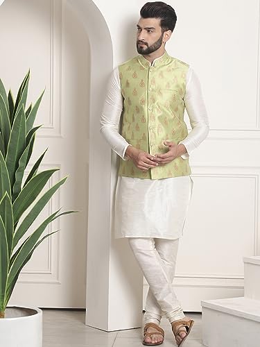 Sojanya (Since 1958 Men's Silk Blend Cream Kurta Pyjama With Green Self Design Nehrujacket