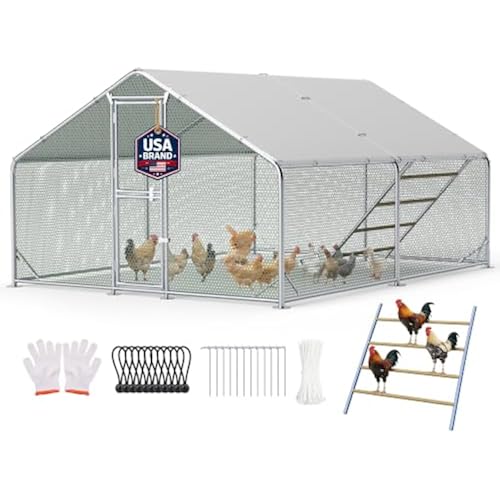 Large Chicken Coop,Metal Chicken Run for Yard with Feeding Door, 13x10x6.6FT Walk-in Chicken Pen for 10-20 Chickens,Outdoor Poultry Cage with Anti-UV Cover,Rabbit Duck House