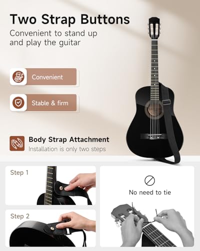 Moukey 38\" Acoustic Guitar for Beginners Kids Youth Adult Dreadnought Guitarra Acustica Kit with Chord Poster, Gig Bag, Tuner, Picks, Nylon Strings, Capo, Strap - Black