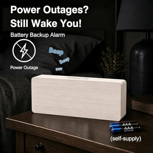 Image of Peakeep Wooden Digital Alarm Clock Large Display, Textured Decoration | for Bedroom Living Room Desk Table, Electric Plug-in Clock Battery Backup with Time Date Day, 5 Brightness, Auto DST