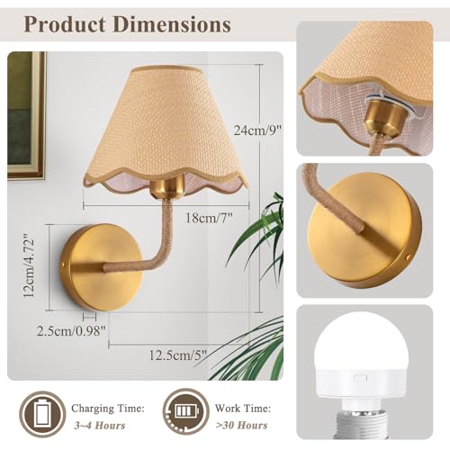 Image of ADISUN Battery Operated Wall Sconce Set of 2, Gold Wall Lamps for Living Room, Rattan Shade, Dimmable, Wireless Wall Lights for Bedroom Living Room Hallway Kitchen(2 Bulbs Included)