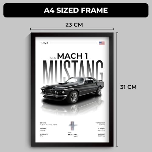 Image of Mustang Poster | Framed 1969 Mustang A4 Sized (31 x 23 cm) | Muscle Poster for Wall, Gift for Boys, American Muscle Car Frames | Car Posters for Wall, Bedroom, Hostel, Study Area, Hostel (F 019)