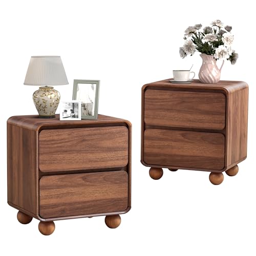 Small Night Stand Set of 2, Mid Century Modern Nightstands with 2 Drawers and Solid Wood Legs, 2 Drawer Dresser Curved Profile Design End Table Side Table for Small Space, Dorm, Bedroom(Walnut)