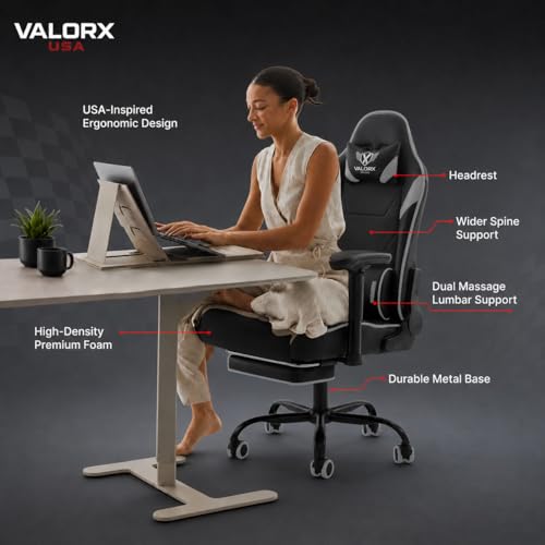 Image of Striker 2026 Edition | Ergonomic Gaming & Office Computer Chair | Premium PU Leather | Dual Massager Back Support | Adjustable Neck & Lumbar Pillow | Ergo Sync Armrests | Footrest (Grey)