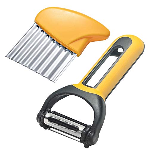 XUBX Set de 2 Couteau de Tranches de Pomme de Terre & 3 en 1 Éplucheur jeu, 3 en 1 Epluche Légumes, Éplucheurs avec 3 Rotatifs Lames, Couteau à légumes ondulé en acier inoxydable Cover