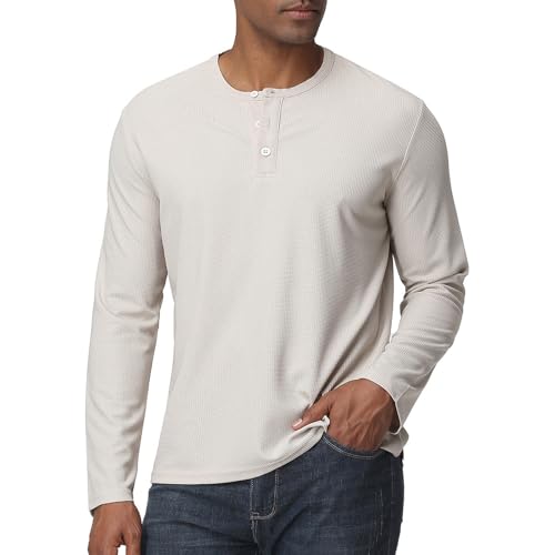 Men's Henley Shirts Long Sleeve Waffle Casual Pullover T-Shirts Basic Textured Button Lightweight Shirts Top Black S2