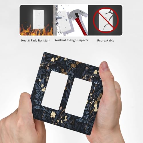 Decorative Outlet Covers Rustic Navy Dark Blue Leaves Golden Floral 2 Gang Light Switch Cover Plate Double Rocker Wall Plate Switch Plate Covers Faceplate for Bedroom Home Decor