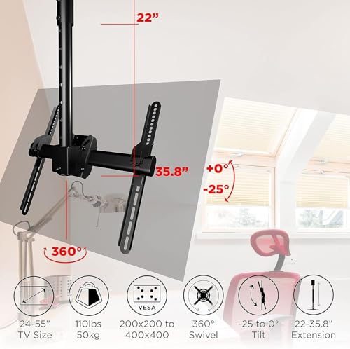 Ramiona monitorujące Uchwyt ścienny do telewizora z regulacją wysokości, uchwyt sufitowy do telewizora, pełny obrót o 360 stopni do płaskich telewizorów LCD LED OLED plazmowych, uchwyty do telewizorów