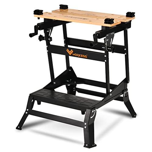 WORKESS Portable Workbench, 440 Lbs Load Capacity 4 Height Folding Workbench with Clamps, Bamboo Worktop, Quick Adjustment Vise, Precise Ruler and Angle Compass for Wood Work Projects