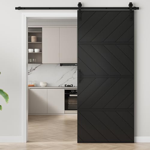 Image of 36 inchx84 inch Black Barn Door with 6.6FT Sliding Door Kit & Handle & Floor Guide | Pre-Drill Holes Easy Assembly & Install Required, Solid Core Wood Sliding Barn Door for Water-Resistant & Sound Reduction