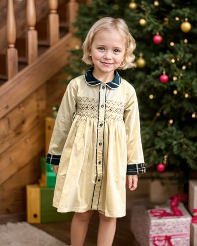 Twoflower Toddler Handmade Smocked Dress， Baby Girls' Clothing Long Sleeve Fall Vintage Dresses for Birthday Holiday2