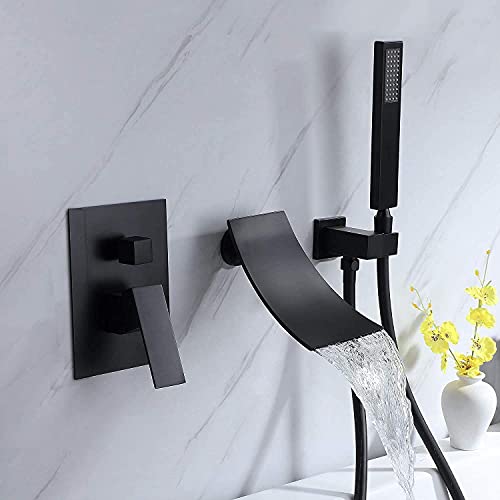 Robinet de baignoire cascade noir mat mural en laiton avec douchette