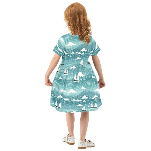 Blue Wave Sailboats Girls Dresses Short Sleeve Twirly Sundress3