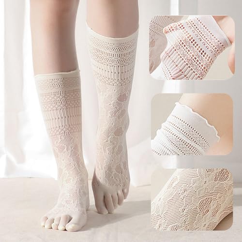 Image of Triplewood 2 Pairs Lace Tabi Socks for Women Split Toe Flip Flop Socks, Y2K Calf Sock Mid Calf Toe Sock