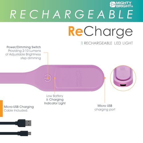 Image of Mighty Bright The Original Recharge Clip On - USB Rechargeable Book Light - Warm LED Reading Lamp - Flexible, Dimmable, Lasts Up to 60 Hours a Charge (Lavender)