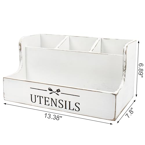 RedCall Extra Large Kitchen Utensils Holder 4 Compartments,Wood Utensil Organizer for Kitchen Countertop,Farmhouse Cooking Utensil Holder with Spice Storage space (Antique)