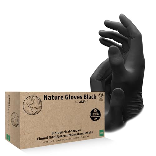 AMPRI Biologisch abbaubare Nitrilhandschuhe, schwarz, 100 Stück/Box, Größe M, puderfrei, Nature Gloves by Med-Comfort: Nitril Einmalhandschuhe in den Größen XS, S, M, L, XL erhältlich