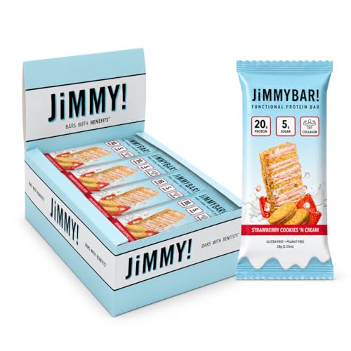 JIMMYBAR! - Strawberry Cookies n Cream - Protein Bars With Collagen - 12 Count - 20g Protein Snack Bars - 5g Sugar - Protein Snacks for On-The-Go - Post Workout Meal Replacement Bar