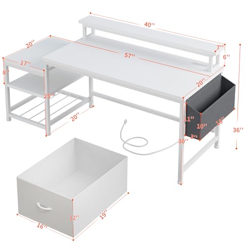 Image of EnHomee 56.5 inch Office Desk with Drawers & Printer Space for Home Work,White | Computer Desk with 3 AC Outlets& 2 USB Ports,40 inch*7 inch Long Monitor Stand,Side Pockets with Storage Space,Home Office,Bedroom