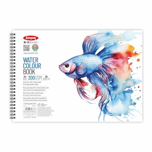 Image of Anupam Artists Watercolour Wire-O Book 200 GSM Cold Pressed A4 40 Pages for Watercolour, Gouache, Ink, Acrylic, Wet & Mixed Media, Art Painting, Drawing for Artists & Amateurs