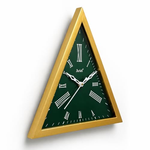 Image of Triangle Analog Wall Clock 30 cm | Green Dial Gold Frame | Roman Number Display | Quartz Battery Operated Decorative Piece for Home Office Bedroom Living Room