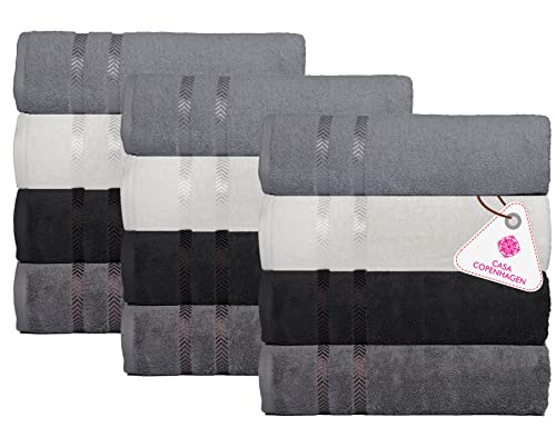 CASA COPENHAGEN Ember, 500 GSM, 16x28 Inches, Hand Towels, Set of 12 Towels, Super Soft and Absorbent, Egyptian Cotton Towels for Bathroom & Kitchen - Light Grey +White +Black +Dark Grey