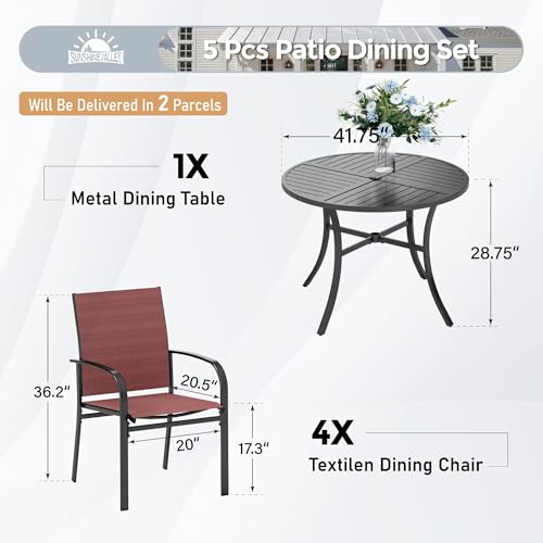 Image of SUNSHINE VALLEY 5pc Patio Dining Set, 42 inch Round Table & 4 Red Chairs