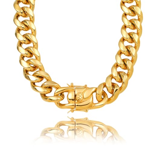 SDA 22mm Cuban Link Chain Necklace, 18K Real Gold Plated Stainless Steel, Chunky Choker for Men and Women, Waterproof