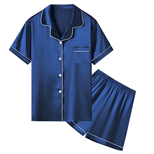 Image of Umeyda Women & Girls Pajamas Set, 2 Piece PJS Satin Silk Sleepwear Button-Down Top with Shorts for Mom Kids Gifts