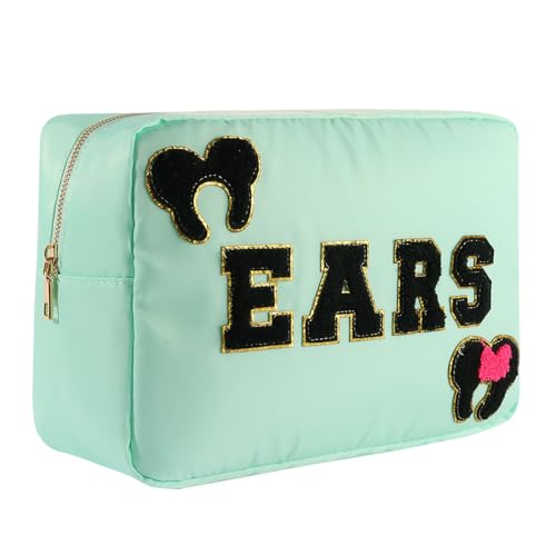 Dealkion Mouse Ears Bag Theme Park Trip Essentials Travel Case Hair Accessories Organizer Bow Mouse Ears Headbands Holder Storage Nylon Large Chenille Letter Makeup Bag Gifts for Women