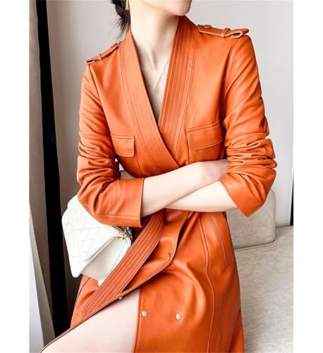 Trench long orange imperméable en cuir PU et double boutonnage