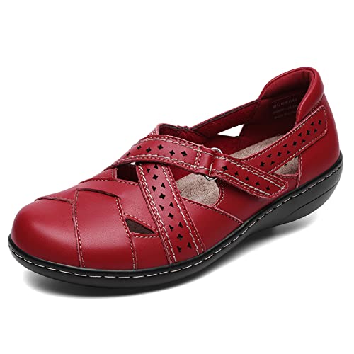 Irrefour Women's Classic Red Genuine Leather Casual Loafer Cute Slip-On Fashion Closed Toe Flat Sandal Comfy Work Sandal Everyday Walking Shoe 1607-Hon060 #TOP1