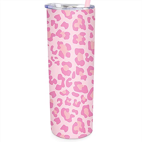 SassyCups Leopard Tumbler Cup | Vacuum Insulated Stainless Steel Leopard Print Skinny Tumbler with Straw | Cute Travel Mug For Women with Leopard Pattern | Pink Insulated Water Bottle (20 oz, Pink)