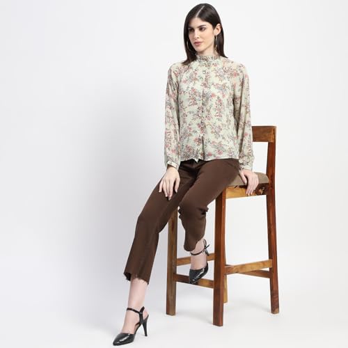 Image of Madame Frill Neck Button Down Mint Floral Print Top