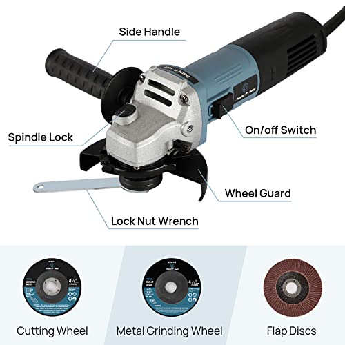 C P CHANTPOWER Angle Grinder Power Tool, 115mm 900W Corded Angle Grinder with 2X Cutting Wheel, 2X Grinding Wheel, 1X Flap Discs and Side Handle - Image 3