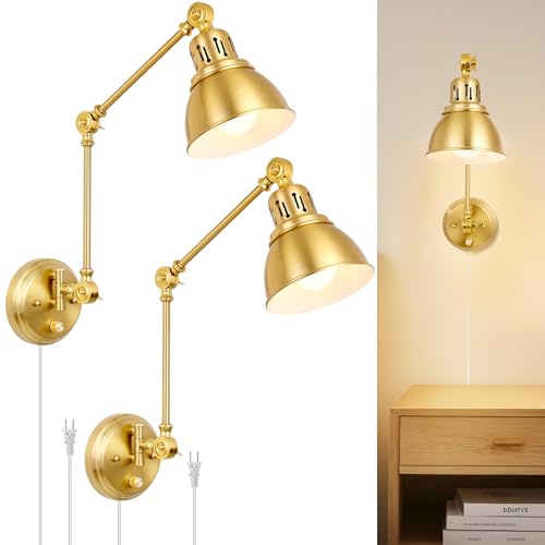 Image of GOODATE 2 Pack Plug in Wall Sconces, Dimmable On Off Switch, Swing Arm Wall Lamps, Wall Sconces Set of Two, Gold Metal Industrial, Plug-in or Hardwired (Gold, Without Bulbs+Remote)
