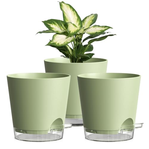 Homeuouz 3er Set Selbstbewässerungstopf – 15cm Blumentöpfe in Matter Optik, selbstwässernder Blumentopf mit Bewässerungssystem, für Balkon & Innenbereich, Grün mit klarem Untersetzer