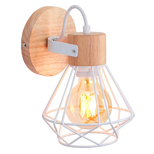iDEGU Lampada da Parete Industriale 16CM Vintage Applique da Parete Interno in Legno Metallo Design Gabbia E27 Illuminazione a Soffitto Regolabile Lampada a Muro per Camera da Letto Corridoio (Bianco)